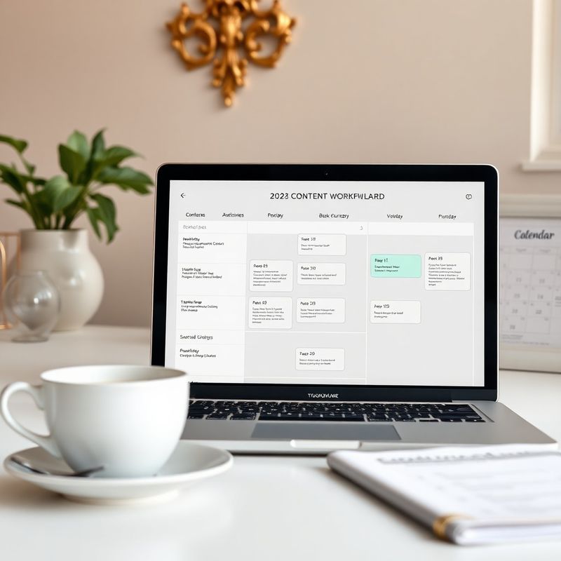 Detail obsahového workflow boardu na obrazovce notebooku